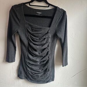 Express Y2K Ruched Front Square Neck 3/4 Length Top in Dark‎ Grey Sz S